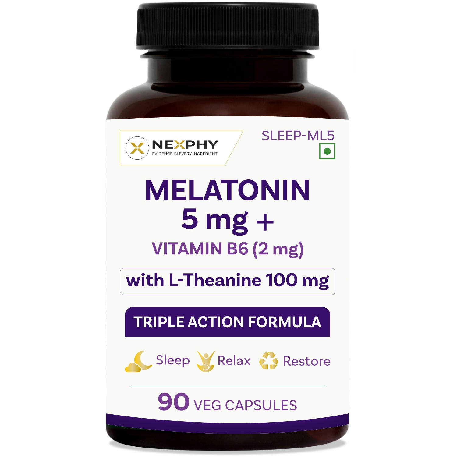 Melatonin 5mg with L-Theanine 100mg & Vitamin B6 | Extra Strength Triple Action Sleep Supplement | Non-Habit-Forming, Restful Sleep, Relaxation & Calm | 90 Veg Capsules