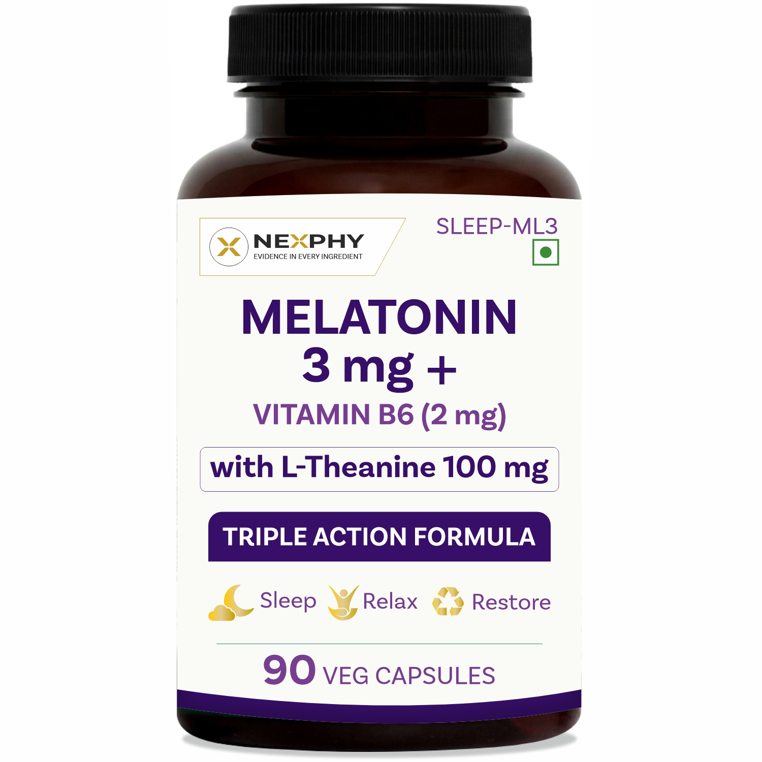 Melatonin 3mg with L-Theanine 100mg & Vitamin B6 | Triple Action Sleep Supplement for Adults | Non-Habit-Forming, Restful Sleep & Relaxation | 90 Veg Capsules