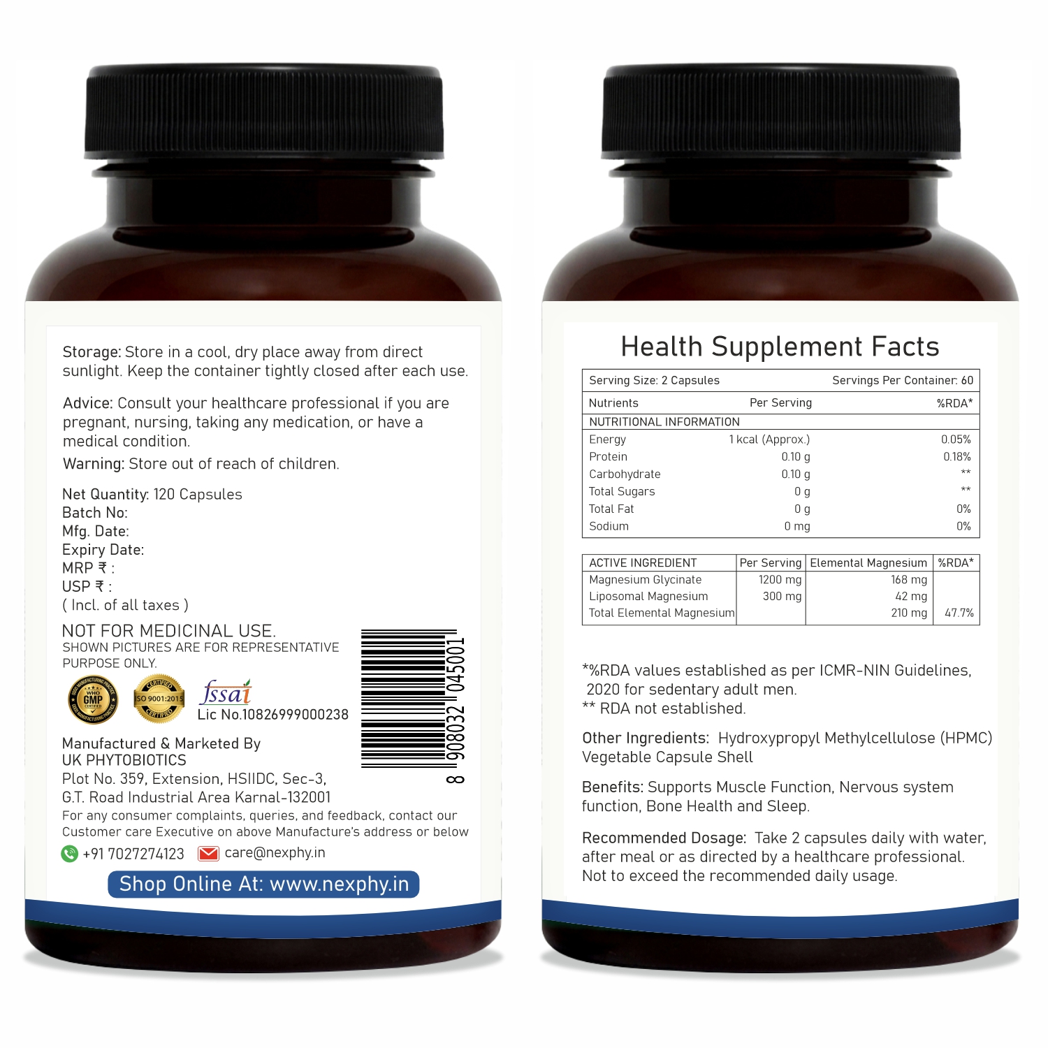 Megmaxx-Daily Chelated Magnesium Glycinate (Bisglycinate) 1200mg with Liposomal Magnesium 300mg | Dual formula | Non buffered | Highly Bioavailable | support Muscle Recovery, Nerve function, Sleep, Relaxation and bone health | 120 Vegetable capsules for M