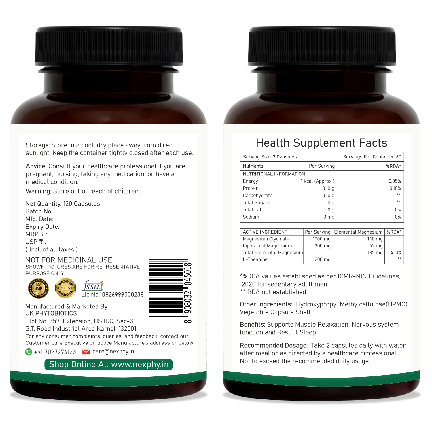 Magnesium Glycinate (Bisglycinate) with Liposomal Magnesium & L-Theanine – Sleep Supplement with Muscle Relaxation & Nervous System Support – 182mg Elemental Magnesium – 120 Veg Capsules