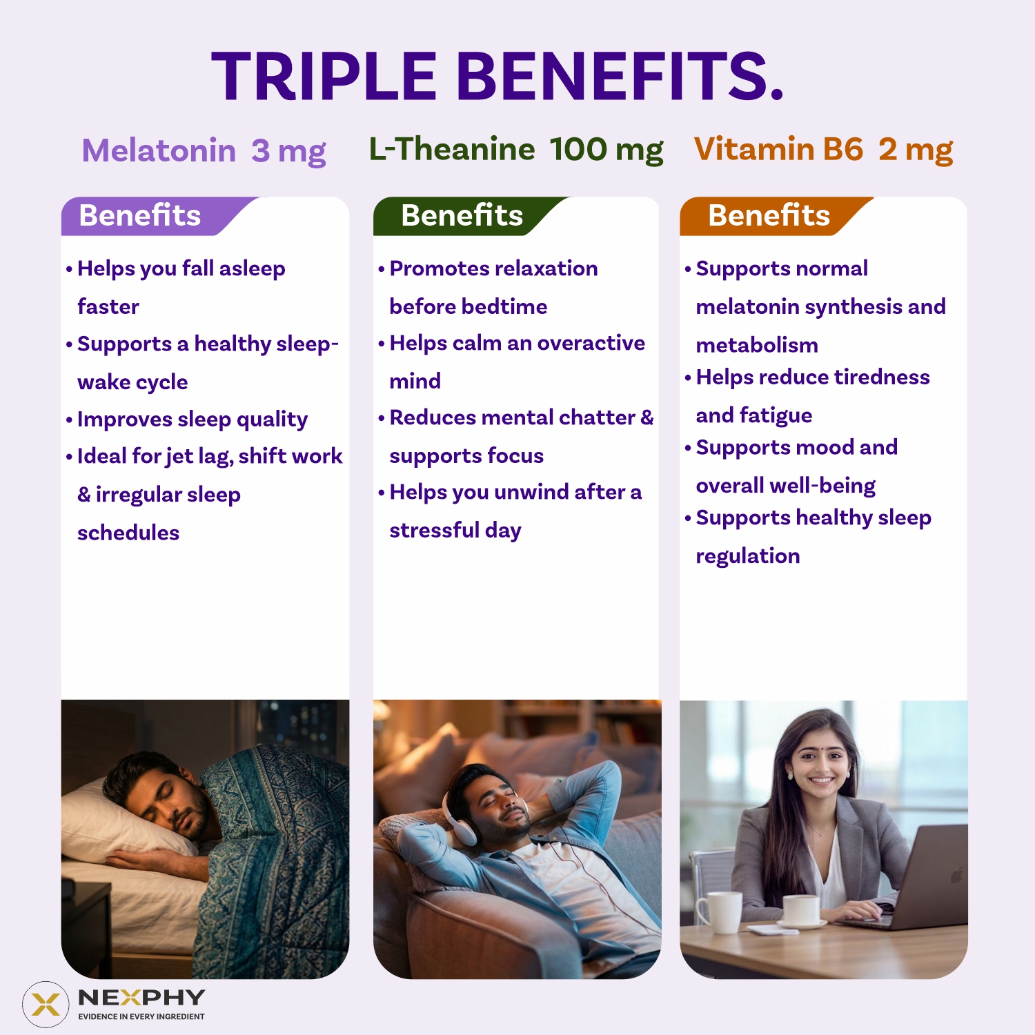Melatonin 3mg with L-Theanine 100mg & Vitamin B6 | Triple Action Sleep Supplement for Adults | Non-Habit-Forming, Restful Sleep & Relaxation | 90 Veg Capsules